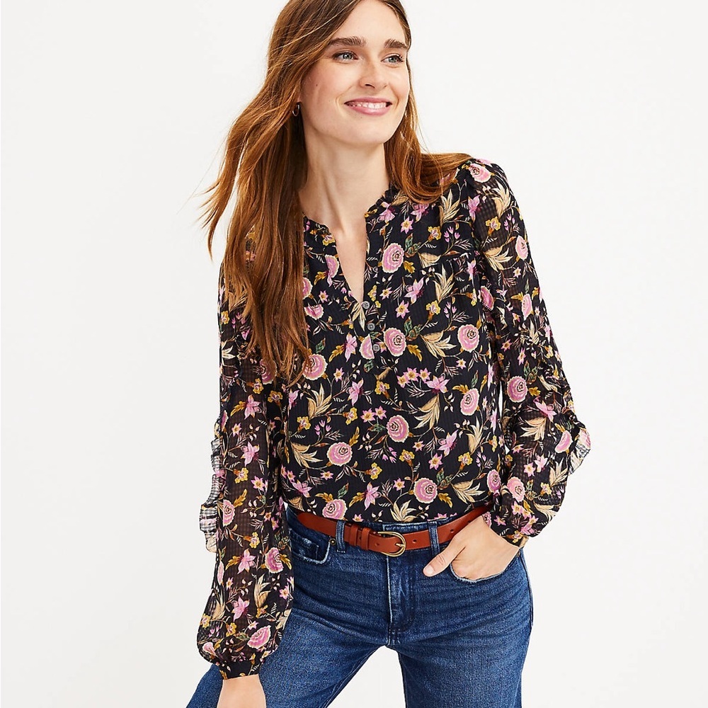LOFT Pink Floral Ruffle Feminine Botanical Style Long-sleeve Blouse Medium